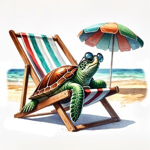 May include: A green sea turtle wearing sunglasses relaxes in a wooden beach chair with a striped fabric seat and back. A colorful beach umbrella is behind the turtle.