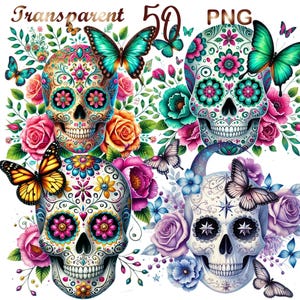 May include: Three colorful sugar skull designs with floral accents and butterflies. The skulls are decorated with intricate patterns and flowers. The butterflies are blue, purple, and yellow.