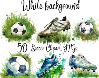50 Soccer ball and Soccer shoes Clipart,Soccer posters,Soccer printable art,Sport art print,JPG, Commercial use, Digital Download,Watercolor