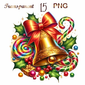 May include: A gold bell with a red bow and holly leaves, surrounded by colorful candy canes and ornaments.