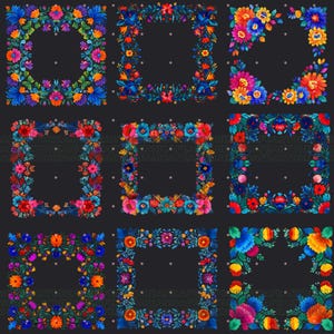 May include: Nine vibrant floral frame designs on a dark grey background. Each frame features colourful flowers in shades of blue, orange, pink, and purple. The frames are square or rectangular, ideal for digital art or invitations.