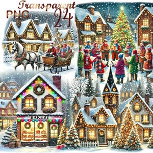 24 PNG, Christmas Villages Clipart, Winter Illustrations, Holiday design, Instant Digital Download, Unlimited Commercial Use for Crafts