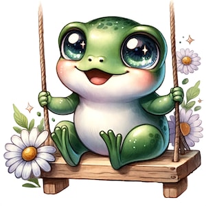 Puede incluir: Una rana verde con grandes ojos brillantes est&aacute; sentada en un columpio de madera. La rana est&aacute; sonriendo y tiene una expresi&oacute;n feliz. Hay margaritas blancas y hojas verdes alrededor del columpio.