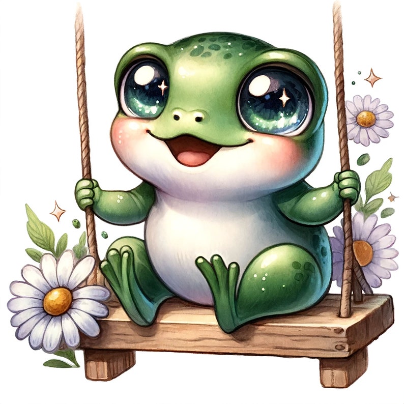 Puede incluir: Una rana verde con grandes ojos brillantes est&aacute; sentada en un columpio de madera. La rana est&aacute; sonriendo y tiene una expresi&oacute;n feliz. Hay margaritas blancas y hojas verdes alrededor del columpio.