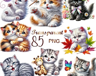 May include: A collection of adorable kitten illustrations in various poses. Some kittens are shown with flowers, butterflies, and toys. The image includes the text "Transparent 85 PNG". The kittens are in various colors, including white, orange, and gray.