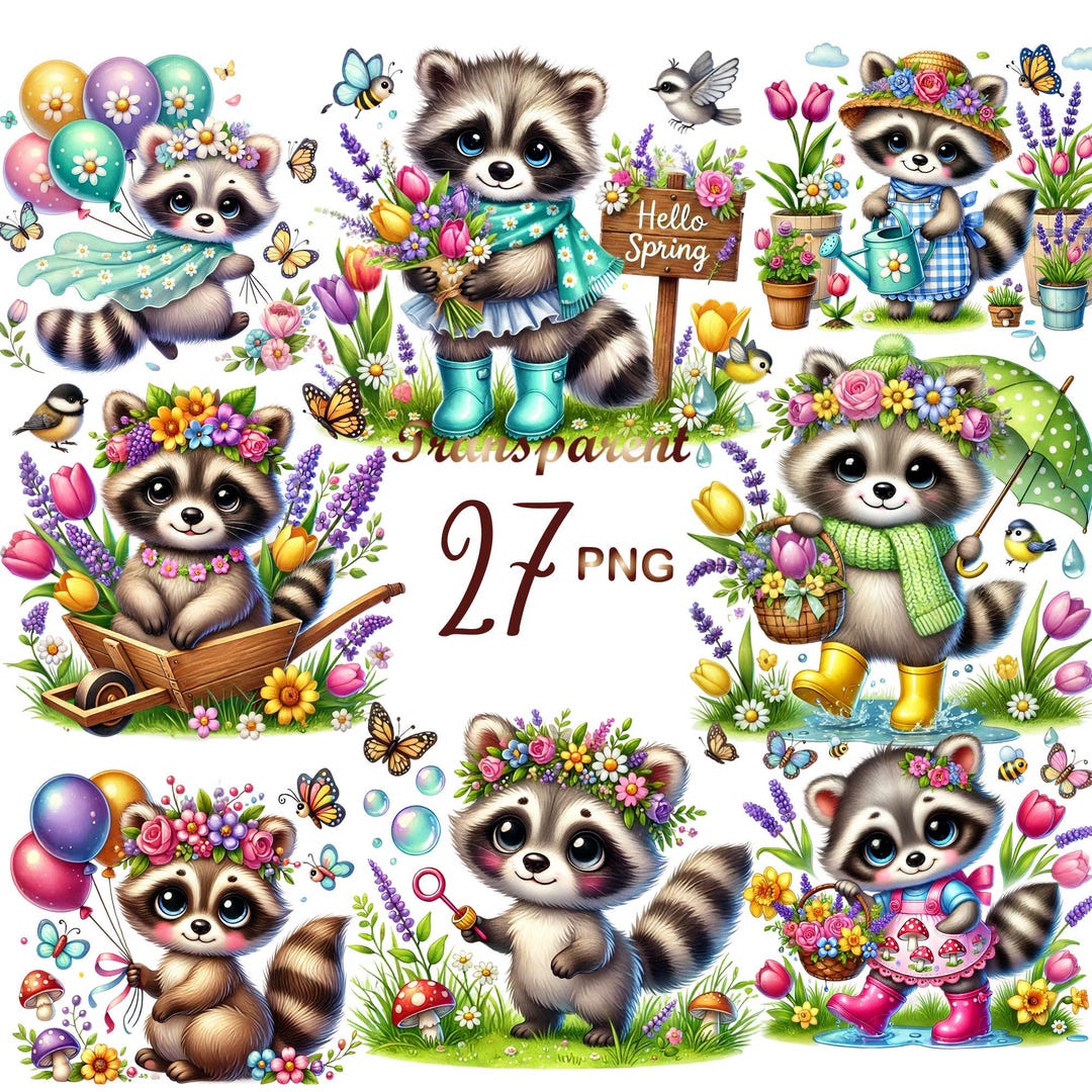 Spring Raccoon Pattern 27 PNG Spring Baby Raccoon Clipart, Cute Raccoon PNG Bundle, Hello ...