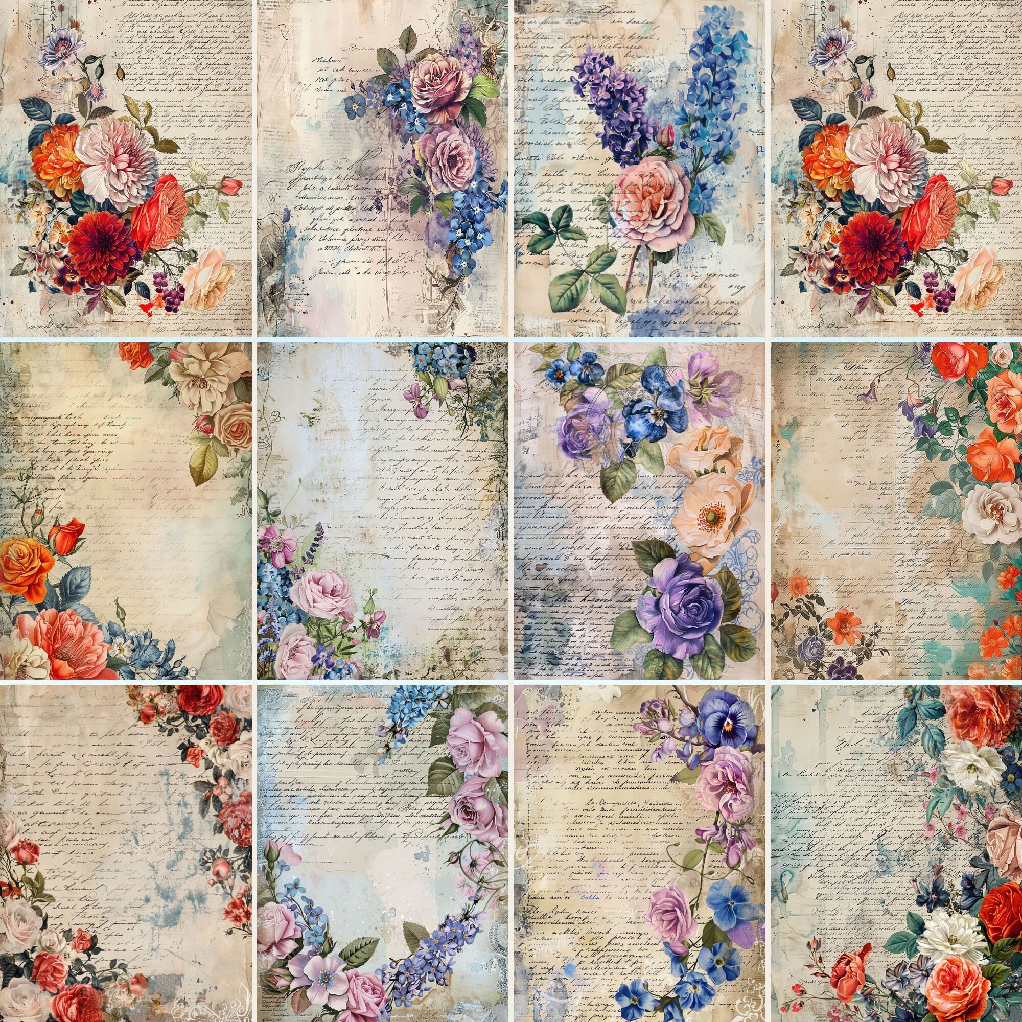 80 Vintage Floral Junk Journal Pages, Digital Scrapbook Paper Kit ...