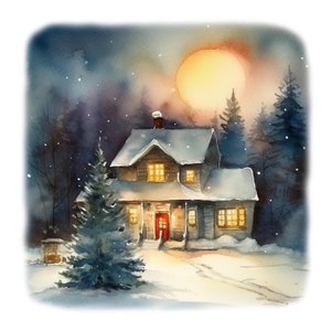 10 Watercolor Christmas Night Clipart, JPGs, Commercial USe, Digital Download, Christmas Clipart,  Winter Clipart, Holiday Clipart,Christmas