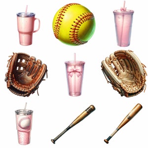 May include: A set of softball themed party supplies including two pink tumblers with straws, a softball, two baseball bats, and two catcher's mitts.