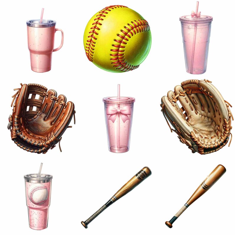 May include: A set of softball themed party supplies including two pink tumblers with straws, a softball, two baseball bats, and two catcher's mitts.
