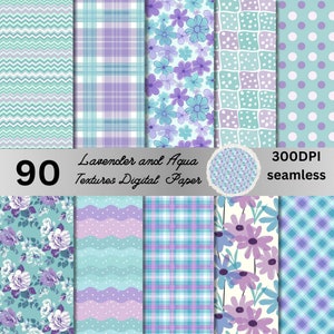 Nahtloser Lavendel und Aqua digitaler Papier, Blume digitaler Papier, nahtloses bedruckbares Papierpaket, Preppy Stoff-Sammelalbum, Kindergarten-Junk-Journal