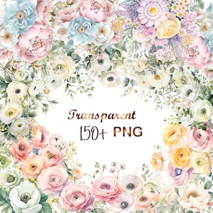 Op de afbeelding: Een verzameling aquarel-bloemillustraties met verschillende bloemen in tinten roze, wit, blauw en geel. De bloemen zijn in een cirkelvormige opstelling geplaatst, waardoor een kader ontstaat rond de tekst "Transparent 150+ PNG".