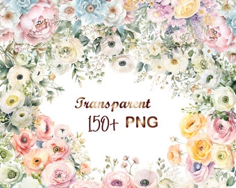 Könnte beinhalten: Eine Sammlung von Aquarell-Blumenillustrationen mit verschiedenen Blumen in Rosa-, Weiß-, Blau- und Gelbtönen. Die Blumen sind in einem Kreis angeordnet und bilden einen Rahmen um den Text "Transparent 150+ PNG".