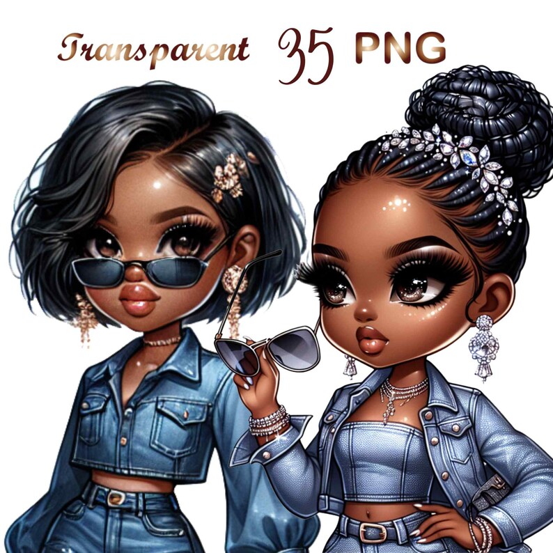 May include: Two cartoon illustrations of Black women with dark brown skin, wearing denim jackets and jeans. One woman has short black hair and is wearing sunglasses. The other woman has her hair in a bun and is wearing a silver necklace and earrings.