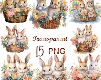 15 Watercolor Bunny in Basket Clipart  PNG, Bunny Clipart,Bunny Sublimation,Watercolor Bunny clipart,clipart pack,nursery art,Commercial use