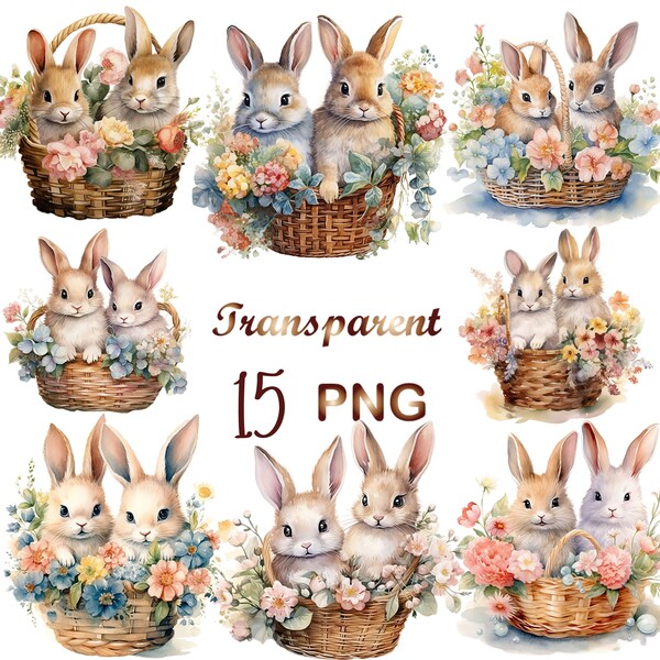 15 Watercolor Bunny in Basket Clipart  PNG, Bunny Clipart,Bunny Sublimation,Watercolor Bunny clipart,clipart pack,nursery art,Commercial use