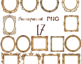 17 Watercolor Gold Frame Clipart PNG, Gold Frame Clipart Bundle,  Transparent Background, Digital Download, PNG Graphics,Commercial Use