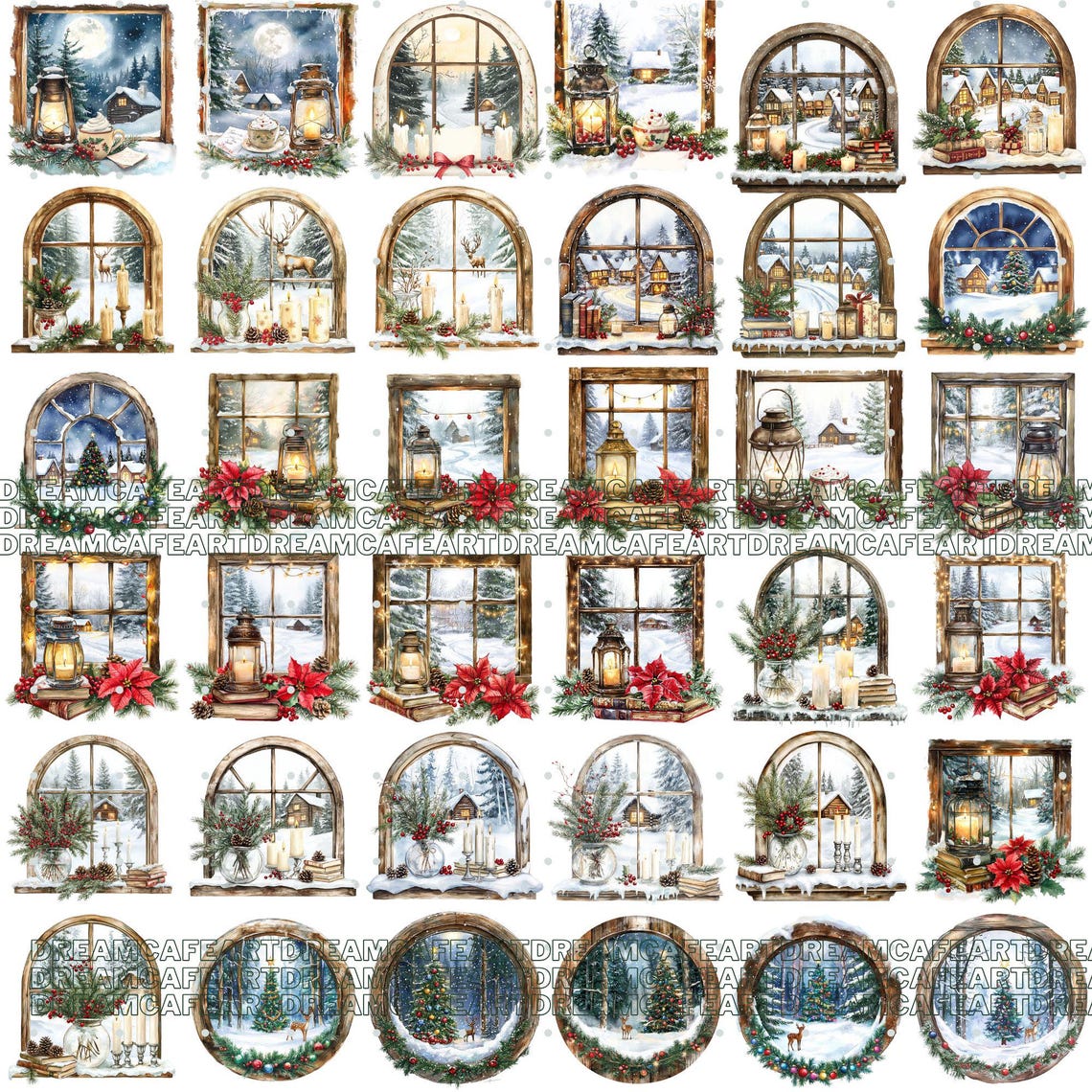 100 PNG Watercolor Vintage Christmas Windows | Clipart Cozy Holiday ...