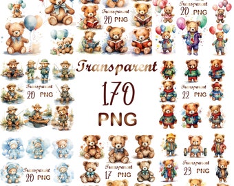 Watercolor Teddy Bear Clipart Bundle: 170 PNG Images (Digital Download, Commercial Use