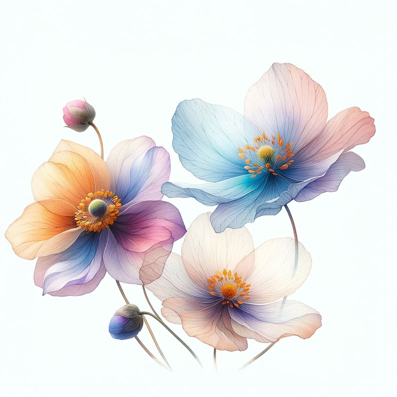 K&ouml;nnte beinhalten: Ein Strau&szlig; aus drei zarten Bl&uuml;ten in sanften Pastellfarben. Die Bl&uuml;ten haben ein aquarellartiges Aussehen mit Blaut&ouml;nen, Rosa und Orange.