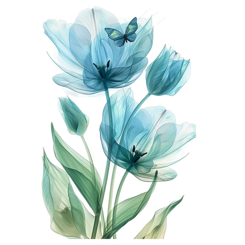 May include: A delicate arrangement of blue and green translucent tulips with a single blue butterfly perched on one of the blooms.