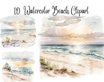 10 Beach Views Watercolor Clipart, High Quality JPGs,Commercial use,Digital Download, Clip Art,Digital Paper Craft,summer clipart watercolor