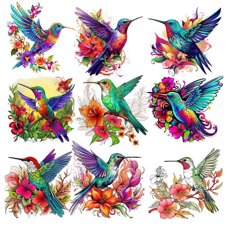 Op de afbeelding: Negen kleurrijke kolibries met ingewikkelde details worden afgebeeld in een digitale illustratie. Elke vogel is omringd door levendige bloemen en bladeren, wat een fantasierijke en levendige sc&egrave;ne cre&euml;ert.