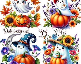 33 JPG, paquete de imágenes prediseñadas de fantasmas lindos en acuarela, paquete de imágenes prediseñadas de Halloween, imágenes prediseñadas de fantasmas lindos, diseño de calabazas, diseño de otoño, imágenes prediseñadas de Halloween
