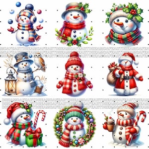 May include: Nine digital illustrations of snowmen wearing winter clothing and accessories. The snowmen are wearing hats, scarves, mittens, and other winter attire. Some snowmen are holding candy canes, gift boxes, and other holiday items.