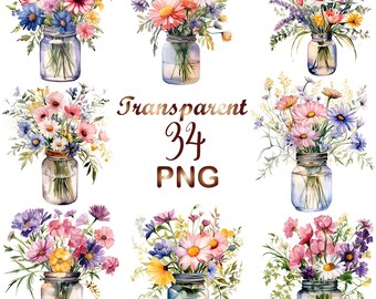 34 Vase of Wildflowers Clipart png,Digital Download, Digital planner, Mixed Media, Digital Paper Craft, Watercolor clipart, Wildflowers png