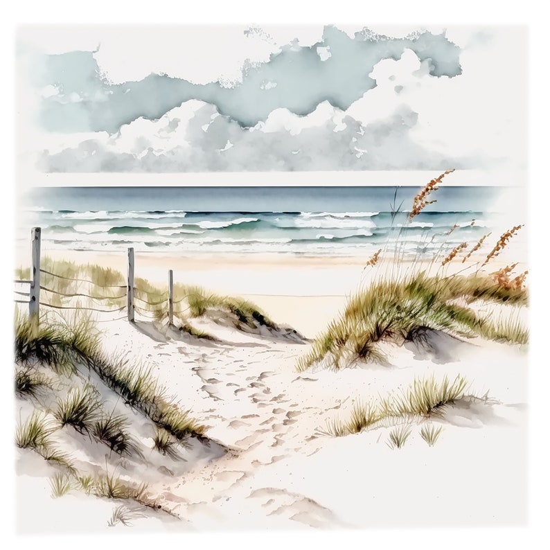 Peut inclure: Une peinture &agrave; l'aquarelle repr&eacute;sentant une sc&egrave;ne de plage avec un chemin menant &agrave; l'oc&eacute;an. Le chemin est bord&eacute; d'herbes hautes et l'oc&eacute;an est d'un bleu clair. Le ciel est d'un bleu clair avec des nuages blancs.