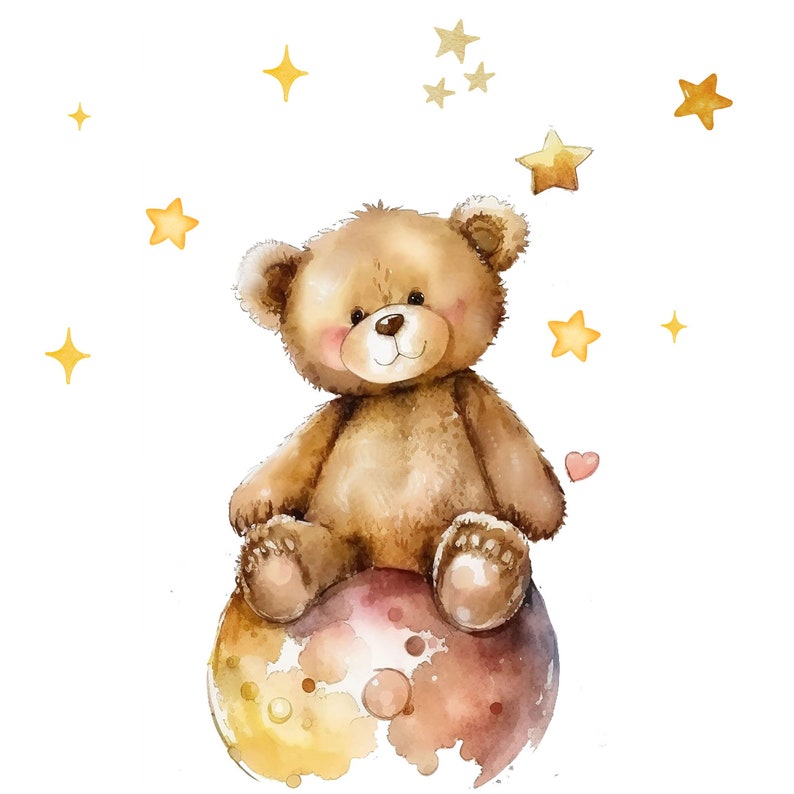 May include: A watercolour illustration of a brown teddy bear sitting on a yellow and brown moon with gold stars in the background.