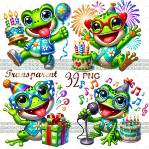32 PNG Birthday Frog Clipart – Cute Cartoon Animal PNG, Bright Funny Character, Kids Party Illustration, Digital Download, Commercial Use
