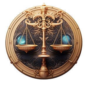 May include: A gold-colored zodiac symbol for Libra, featuring a stylized scale with two blue orbs hanging from the scales. The symbol is surrounded by a decorative, ornate frame.