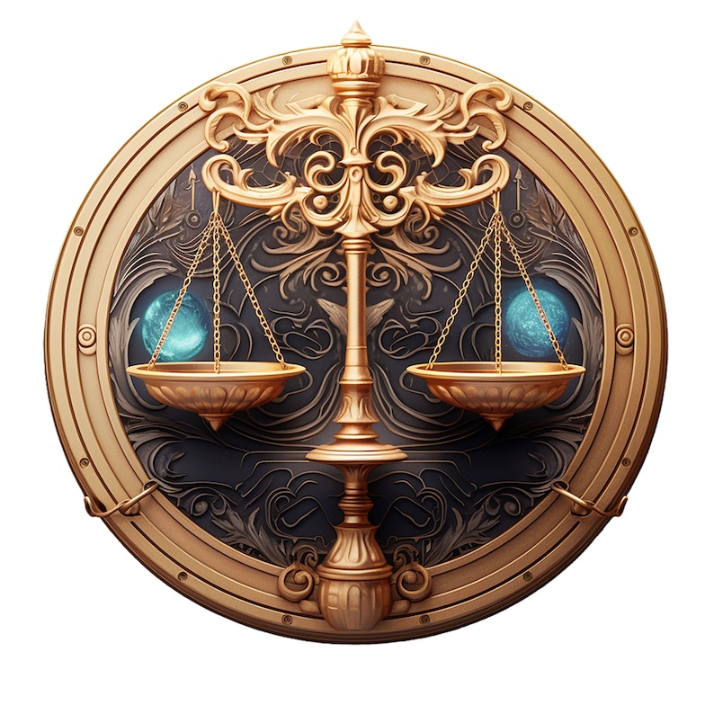 May include: A gold-colored zodiac symbol for Libra, featuring a stylized scale with two blue orbs hanging from the scales. The symbol is surrounded by a decorative, ornate frame.