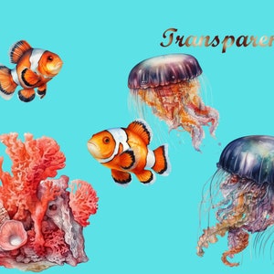Puede incluir: Una ilustraci&oacute;n digital de una escena submarina con dos peces payaso naranja y blanco, dos medusas con tent&aacute;culos morados y naranjas, y un arrecife de coral.