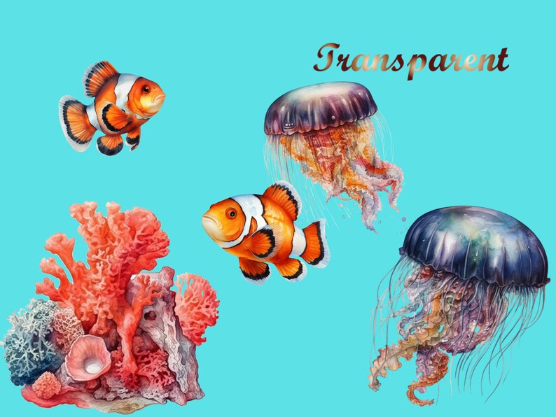 Puede incluir: Una ilustraci&oacute;n digital de una escena submarina con dos peces payaso naranja y blanco, dos medusas con tent&aacute;culos morados y naranjas, y un arrecife de coral.