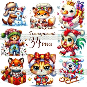 34 PNG Quirky Animals Clipart | Funny Cartoon Creatures | Watercolor Christmas Animal Characters, Kids Crafts & Sublimation,Digital Download