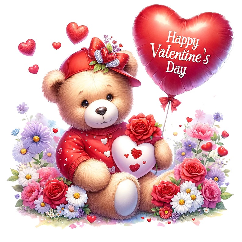 Op de afbeelding: Een teddybeer met een rode trui en een rode baseballpet houdt een wit hartvormig kussen en een rode roos vast. De beer is omringd door roze, rode en witte bloemen. Een rode hartvormige ballon met de tekst "Happy Valentine's Day" zweeft boven de beer.