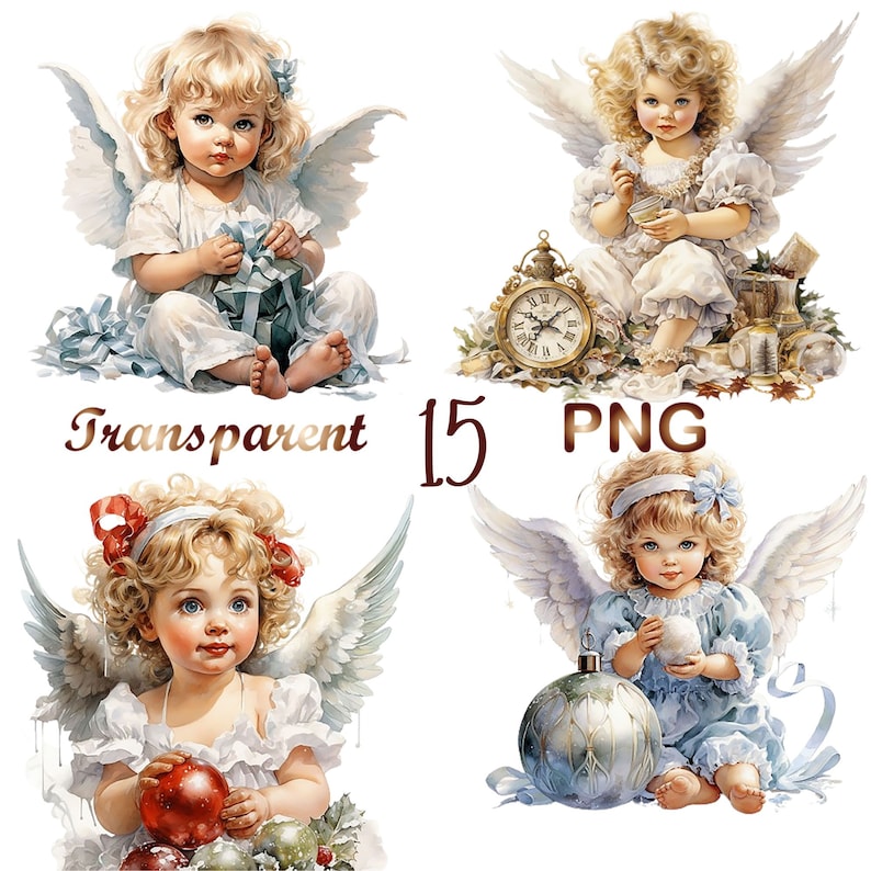 May include: Three digital illustrations of angels with blonde hair and wings. The first angel is holding a blue gift box, the second angel is holding a cup, and the third angel is holding a white ball.