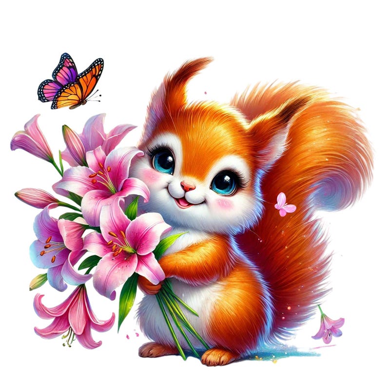 Op de afbeelding: Een schattig cartoon-eekhoorn met oranje vacht en een pluche staart houdt een boeket roze lelies vast. Een vlinder met paarse en oranje vleugels vliegt boven de eekhoorn.