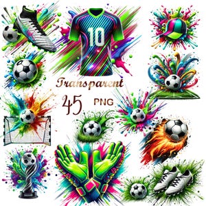 以下が含まれることがあります： サッカーをテーマにした45個のPNGグラフィックのコレクション。背番号10のユニフォーム、サッカーボール、クリート、手袋、トロフィー、キャップが含まれています。グラフィックは鮮やかな色とペイントスプラッシュ効果が特徴です。