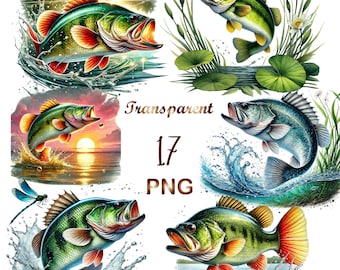 17  PNG, Bass Fish clipart bundle, Funny Bass Fish,Watercolor Bass, Fish Clipart, Fish PNG, Fishing Fish png, Fishing png, Jumping Bass Fish