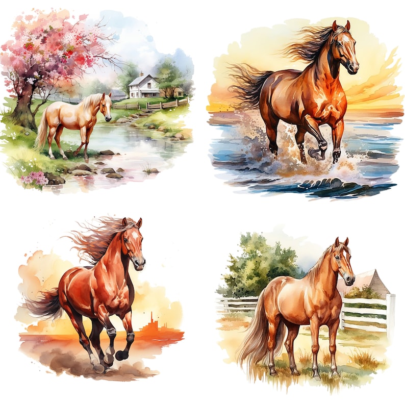 May include: Four watercolor paintings of horses in different settings. The first shows a light brown horse standing in a field with a pink tree and a white house in the background. The second shows a brown horse running through a body of water. The third shows a brown horse running through a field with a watercolor background. The fourth shows a brown horse standing in a field with a fence and a white building in the background.