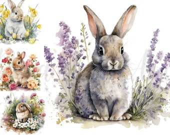 11 Cute Bunnies in Flowers Clipart - High Quality JPGs- Digital Download, Digital planners, Clip Art, rabbit clipart, funny bunny image