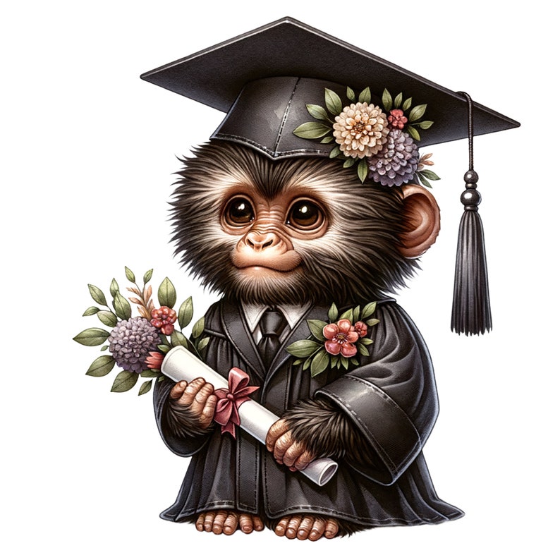 May include: A cute monkey wearing a black graduation cap and gown, holding a diploma and a bouquet of flowers. The monkey has a black tie and a serious expression on its face.