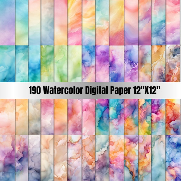 190 Watercolor digital paper, rainbow colors gradient, water colour background textures, bright pastel printable watercolor texture