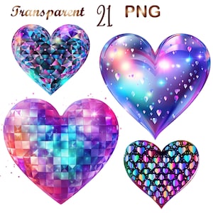21 バレンタインデー PNG、ホログラフィックハートのバレンタインデー クリップアート、愛のクリップアート、透明 PNG、ロマンチックな愛のクリップアート、商用利用