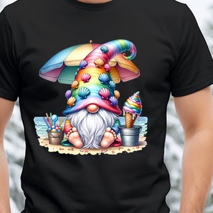 May include: A gnome wearing a rainbow and seashell hat sits on a beach with a beach umbrella, a bucket of beach toys, and a rainbow ice cream cone.