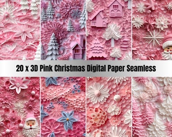 20 3D Pink Christmas Digital Paper Seamless,Fantasy Noel Xmas Pages,Pastel Christmas Ephemera,Download Junk Journal,Scrapbooking,Card Making